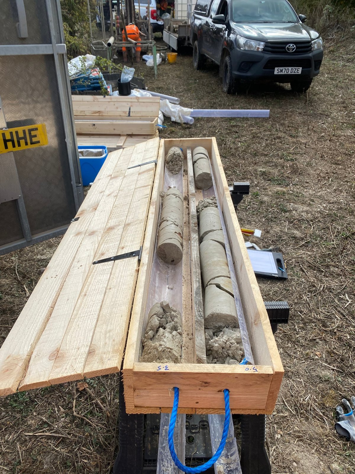 Core samples logged in a wooden box on site